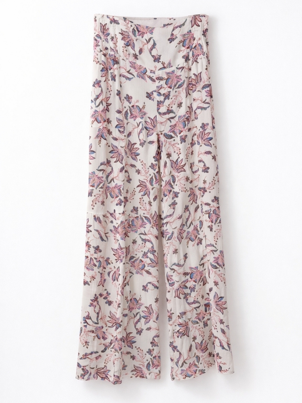 Boho Floral Wide Leg Pants Cream Pink Blue Flowing Beach Vacation High Rise